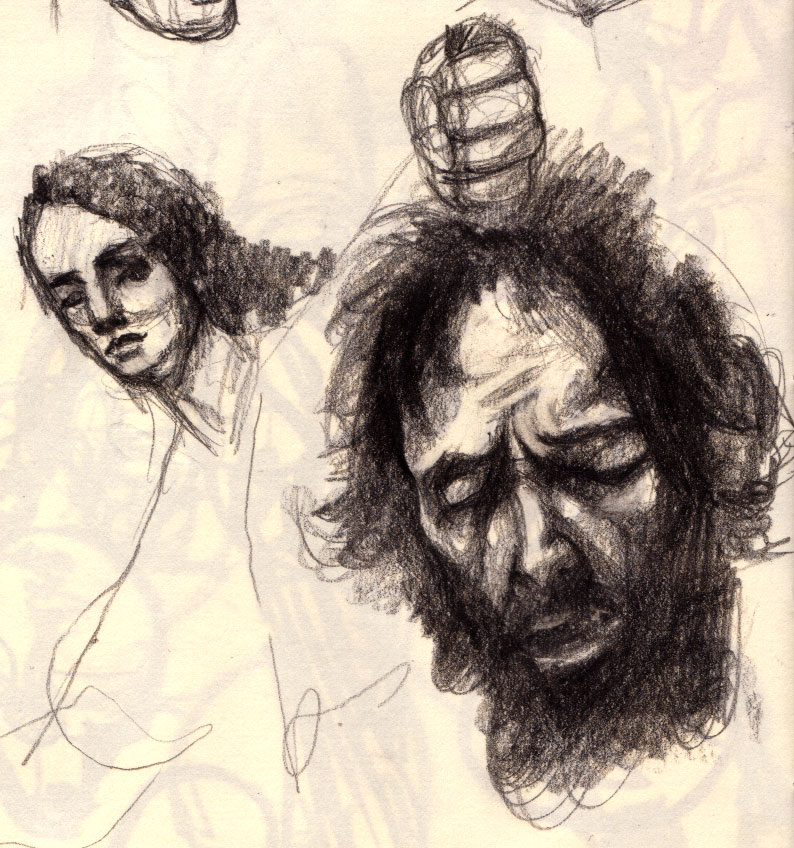 Sketchbook pencil studies: a woman's downcast face, a dark heavily-shaded bearded man grimacing, and a faint construction-lines head