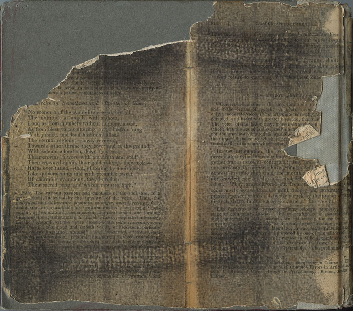 Back cover of sketchbook 15: torn brown pages of a 19th-century elocution book pasted over grey board, a hymn on angels still legible at left