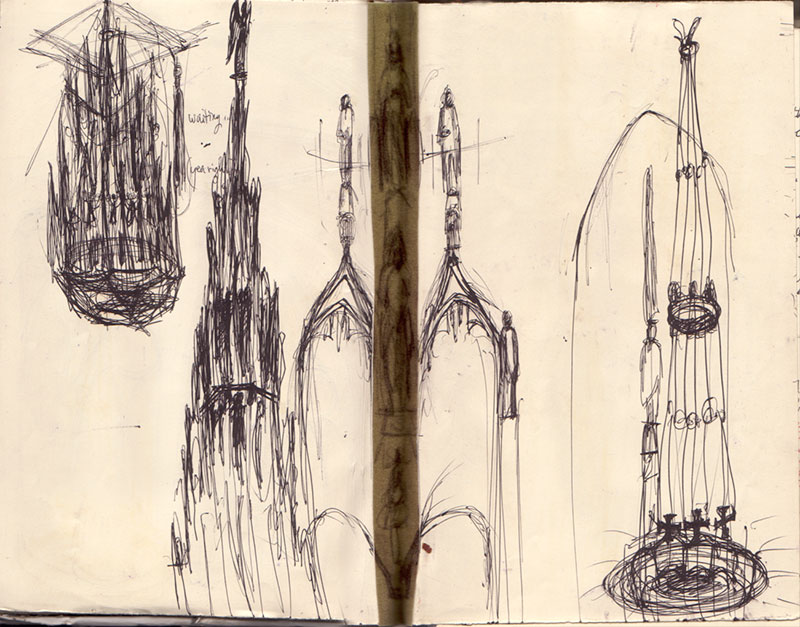 Sketchbook spread in ballpoint: gothic spires and hanging chandelier-like forms of Riverside Church, drawn dense and scratchy across both pages