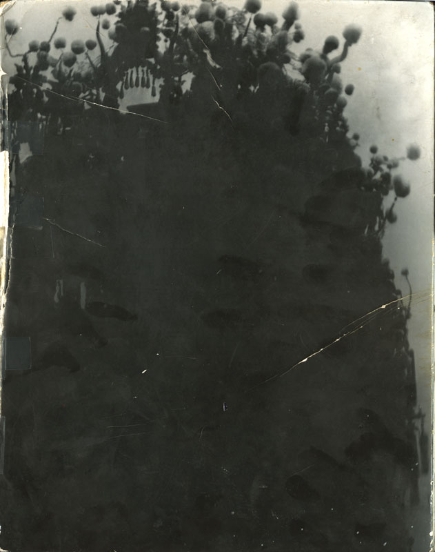 Cover of sketchbook 22B: a dark overexposed photograph of a crowd raising round-headed forms, like a procession seen through fog
