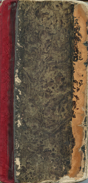 Cover of sketchbook 23B: a narrow old ledger bound in dark marbled paper, red cloth at the spine, edges worn to orange