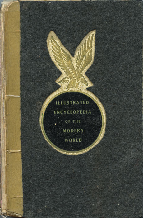 Cover of sketchbook 24: grey-black felt with a gold eagle medallion reading 'Illustrated Encyclopedia of the Modern World'