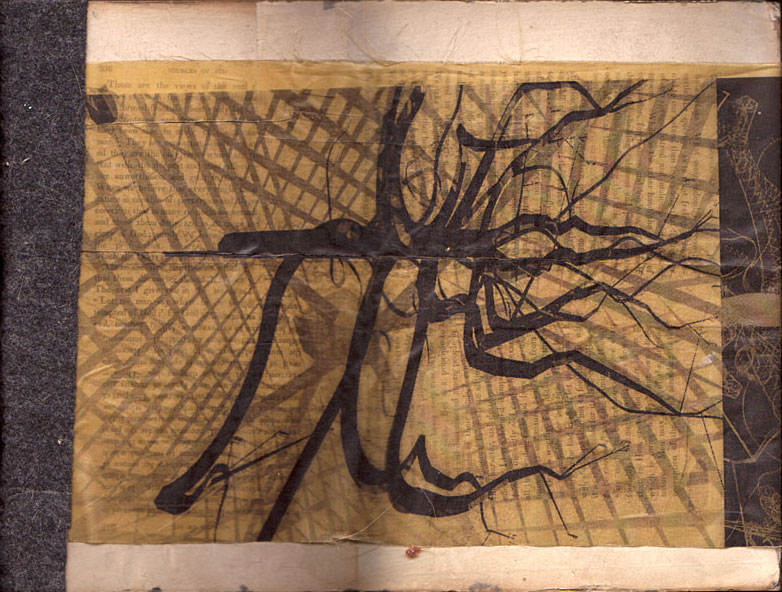 Cover of sketchbook 26: a thick black branching form like roots or veins inked over waxed book text crosshatched with shadows