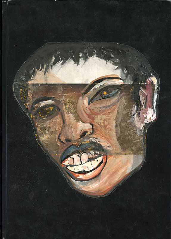 Cover of sketchbook 29: a painted collaged face on black — cropped bands of eyes, nose and grinning teeth assembled into a mask