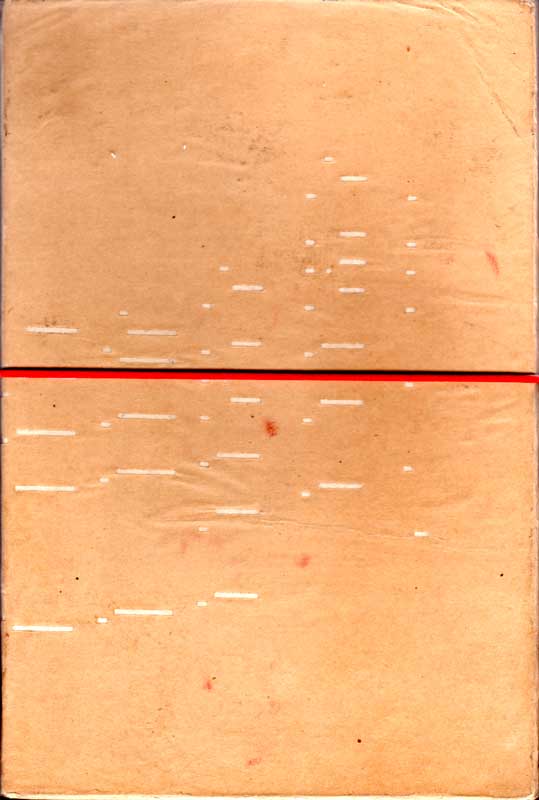 Cover of sketchbook 32, light side: two panels of tan player-piano roll paper, the perforated note slots scattered like morse code, a red band between