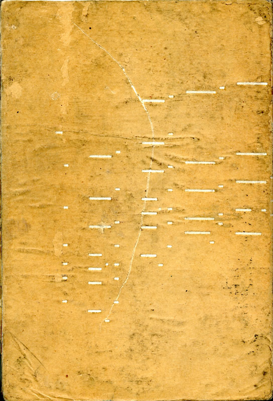 Sketchbook 32 cover detail: creased player-piano roll paper, its white perforations drifting diagonally across the tan surface