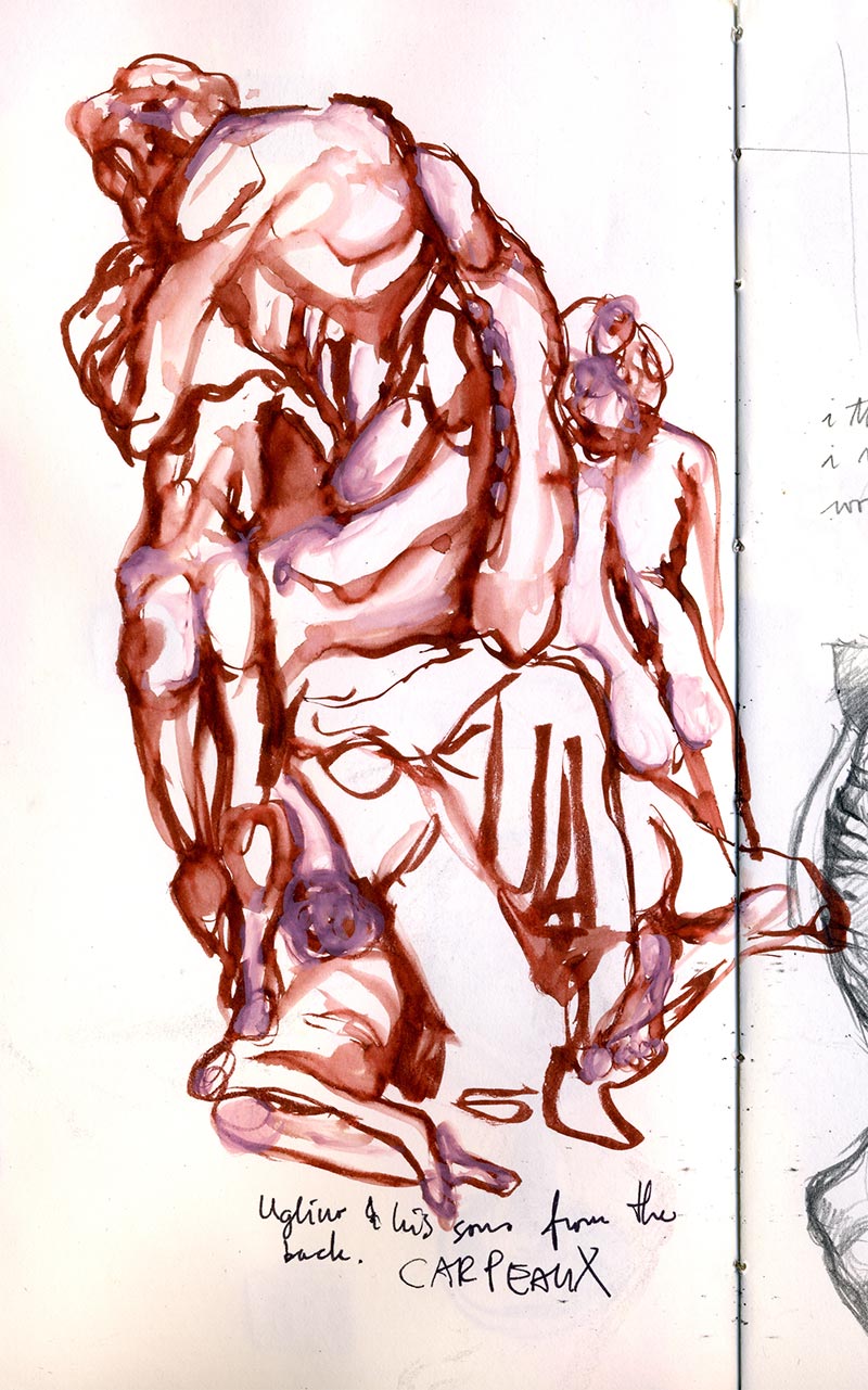 Sketchbook 32: Carpeaux's Ugolino and His Sons sketched from the back in sanguine wash, the huddled figures knotted together