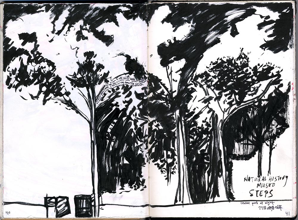 Sketchbook 32 spread in black ink: Central Park trees at night seen from the Natural History Museum steps, canopies blotted heavy against a pale sky