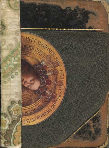 Cover of sketchbook 33: the sleeping face of van Eyck's God the Father from the Ghent Altarpiece turned sideways in its gold inscribed halo, set into pebbled leather and tapestry