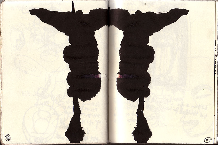 Sketchbook 33 spread: two great black ink blots mirrored across the gutter like a Rorschach figure with outstretched arms, faint pencil sketches beneath