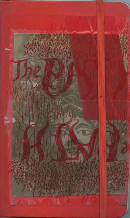Cover of sketchbook 37: red Moleskine overlaid with gold paper drawn over in red vines and lettering — 'The...King' — a printed eye peering through the tendrils