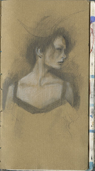 Sketchbook 39: a woman in a slip drawn in charcoal and white chalk on kraft-brown paper, her head turned sharply in profile, hair swept up