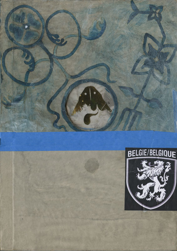 Cover of sketchbook 41: grey-blue board stenciled with curling vines, a moth sealed under a round window, a blue tape stripe and a Belgian lion patch