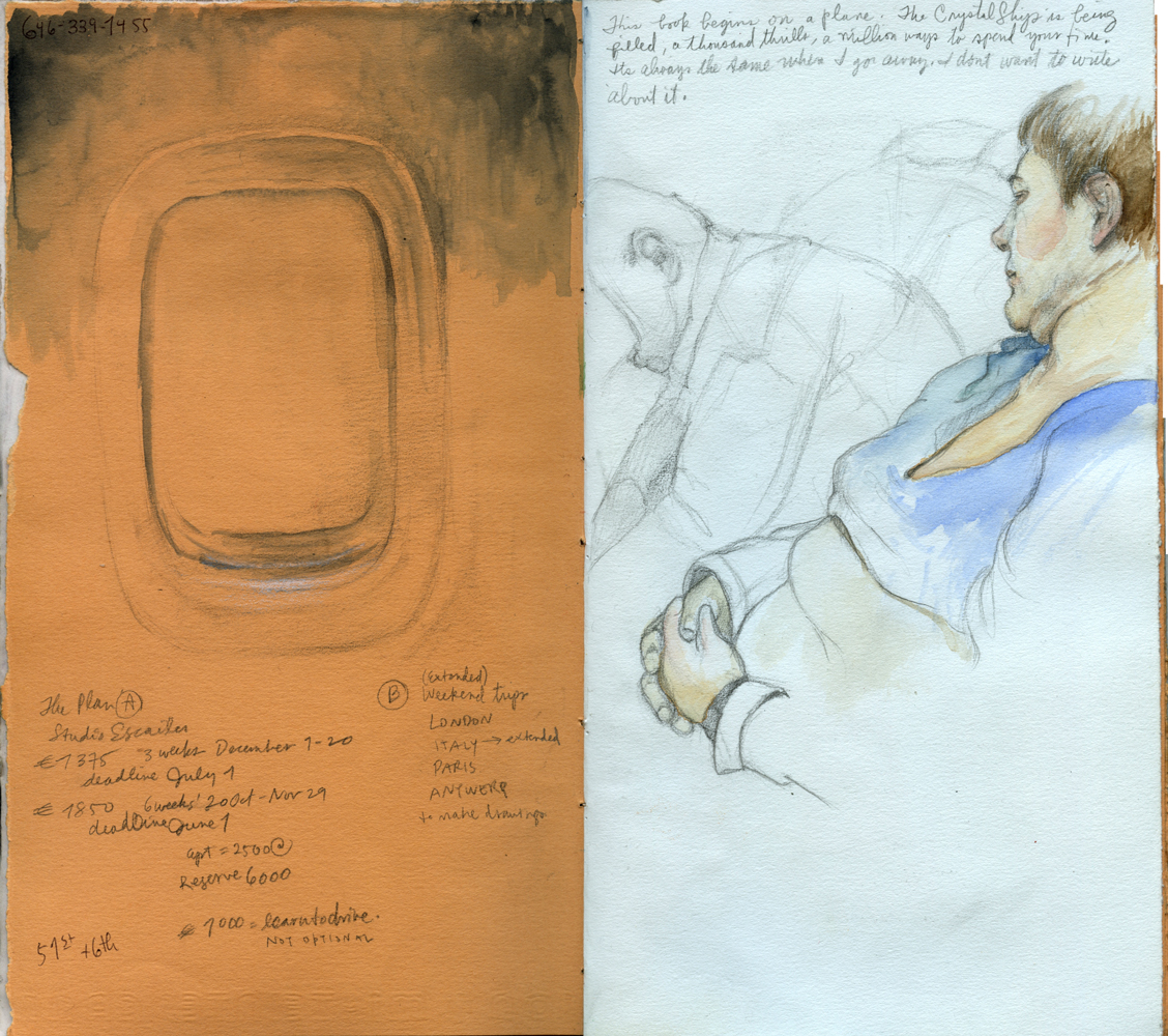 Sketchbook 46 opening: 'This book begins on a plane. The Crystal Ship is being filled' — a painted airplane window on orange paper with budget notes ('learn to drive, NOT OPTIONAL'), facing a watercolor of Michaël asleep in a blue shirt Sketchbook 46 opening: 'This book begins on a plane. The Crystal Ship is being filled' — a painted airplane window on orange paper with budget notes ('learn to drive, NOT OPTIONAL'), facing a watercolor of Michaël asleep in a blue shirt
