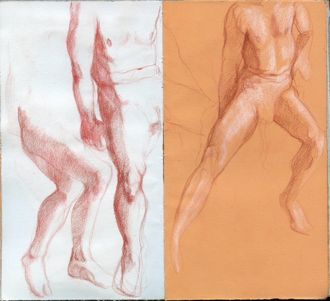 Sketchbook 46 spread: sanguine life studies — bent legs and a standing torso on the white page; on the orange page a sprawled male nude heightened with white chalk, legs splayed Sketchbook 46 spread: sanguine life studies — bent legs and a standing torso on the white page; on the orange page a sprawled male nude heightened with white chalk, legs splayed
