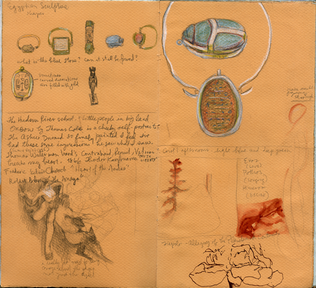 Sketchbook 46 spread of Metropolitan Museum notes: Egyptian scarab rings and a blue-scarab necklace in colored pencil, notes on the Hudson River School, Church's Heart of the Andes and Tiepolo, with Eros, Pothos and Himeros listed Sketchbook 46 spread of Metropolitan Museum notes: Egyptian scarab rings and a blue-scarab necklace in colored pencil, notes on the Hudson River School, Church's Heart of the Andes and Tiepolo, with Eros, Pothos and Himeros listed