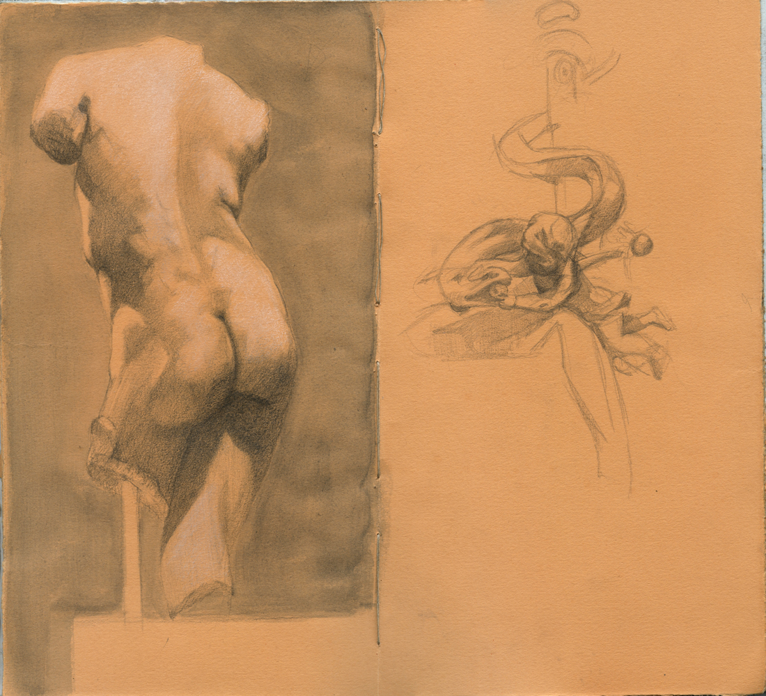 Sketchbook 46 spread: a museum cast of a male torso from behind, modeled in charcoal and white on orange paper, beside a lighter sketch of a spiraling sculptural group Sketchbook 46 spread: a museum cast of a male torso from behind, modeled in charcoal and white on orange paper, beside a lighter sketch of a spiraling sculptural group