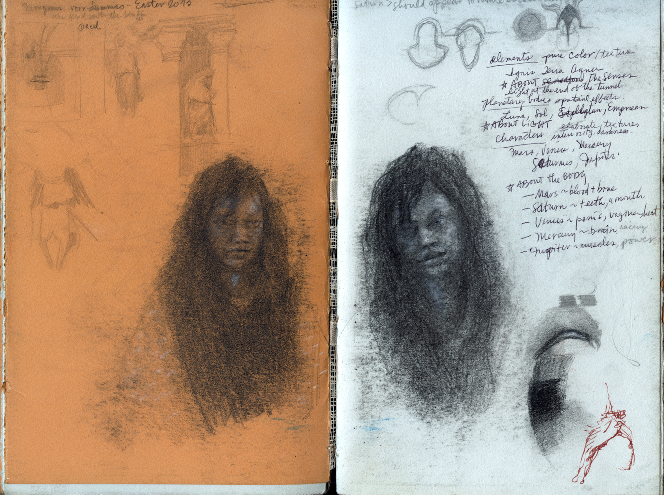 Sketchbook 46 spread, Easter 2013: a smoky charcoal portrait of a long-haired girl doubled across both pages, with planetary notes — Mars blood and bone, Saturn teeth, Mercury brain — for a game about the body Sketchbook 46 spread, Easter 2013: a smoky charcoal portrait of a long-haired girl doubled across both pages, with planetary notes — Mars blood and bone, Saturn teeth, Mercury brain — for a game about the body