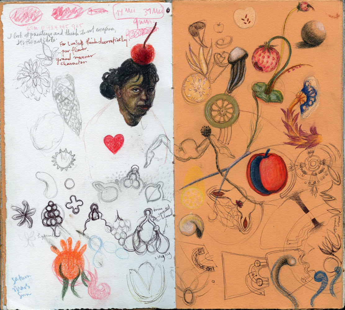 Sketchbook 46 spread, mid-May: a painted self-portrait head balancing a cherry, a red heart, and pages of seed, fruit and flower studies — strawberry, plum, wheels and pods — over notes on thinking decoratively Sketchbook 46 spread, mid-May: a painted self-portrait head balancing a cherry, a red heart, and pages of seed, fruit and flower studies — strawberry, plum, wheels and pods — over notes on thinking decoratively
