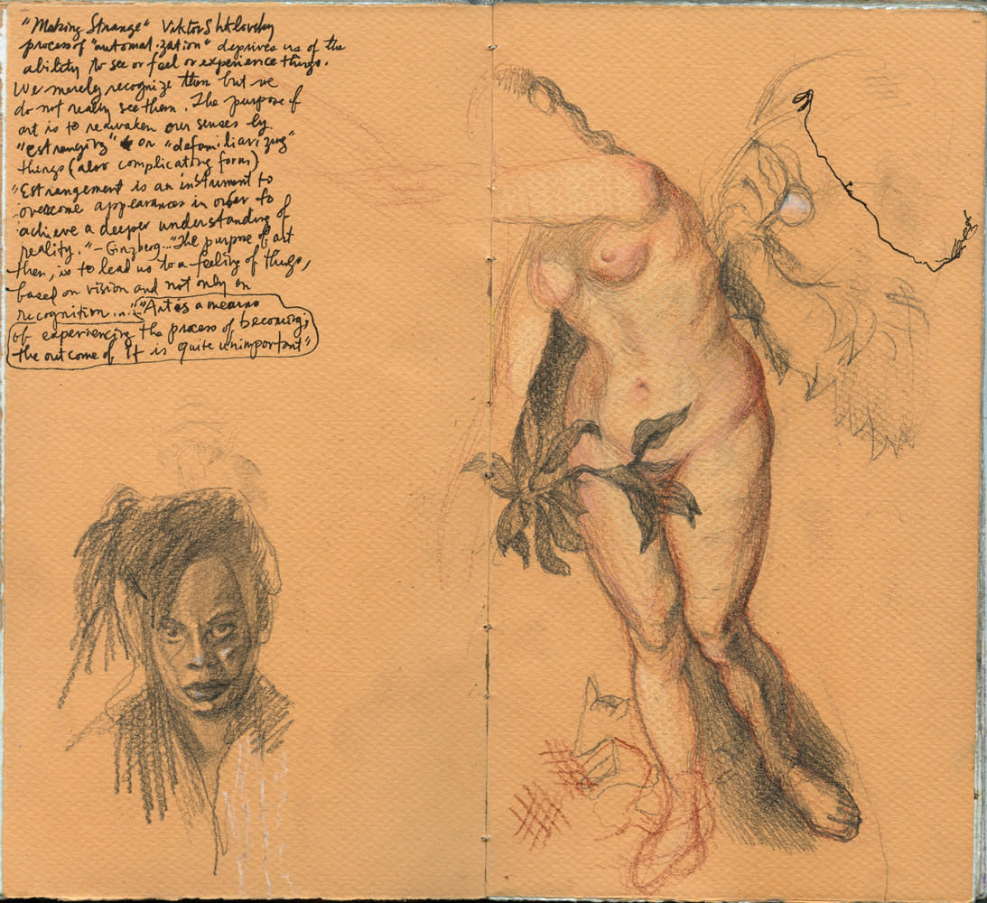 Sketchbook 46 spread: notes on Viktor Shklovsky's 'Making Strange' and estrangement in art, a small self-portrait with twisted locs, and a nude holding dark lilies drawn in pencil and sanguine Sketchbook 46 spread: notes on Viktor Shklovsky's 'Making Strange' and estrangement in art, a small self-portrait with twisted locs, and a nude holding dark lilies drawn in pencil and sanguine