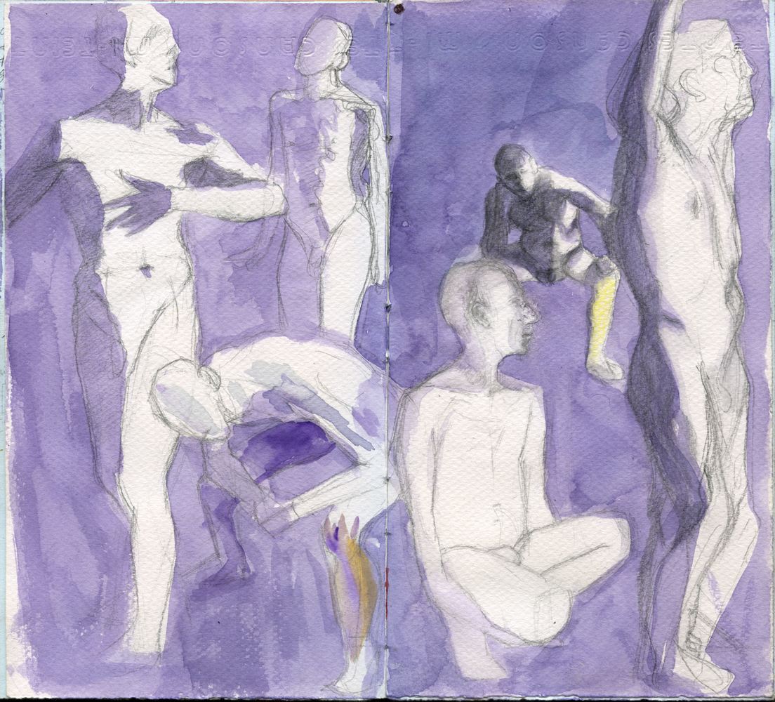 Sketchbook 46 spread: life-drawing session painted over a violet watercolor ground — standing, bending and cross-legged nudes reserved in white, one small figure in full dark wash Sketchbook 46 spread: life-drawing session painted over a violet watercolor ground — standing, bending and cross-legged nudes reserved in white, one small figure in full dark wash