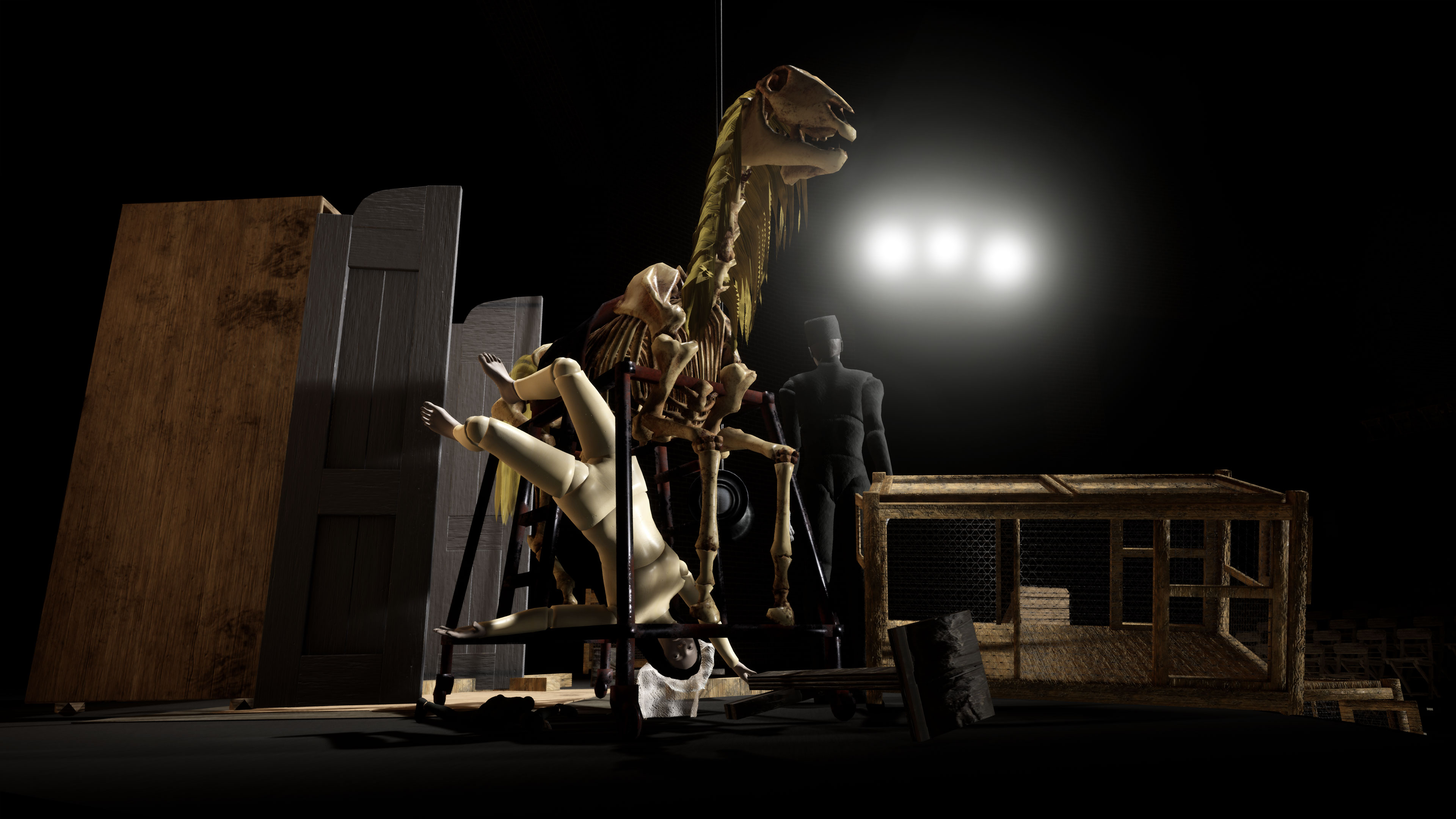 Screenshot from Cricoterie, Tale of Tales' Tadeusz Kantor-inspired VR: a horse skeleton puppet, a toppled mannequin and a black figure among doors and a cage on a dark stage Screenshot from Cricoterie, Tale of Tales' Tadeusz Kantor-inspired VR: a horse skeleton puppet, a toppled mannequin and a black figure among doors and a cage on a dark stage