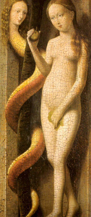 Early Netherlandish panel of Eve holding the apple beside the tree, the serpent coiled up the trunk wearing a woman's golden-haired face, the paint finely crackled