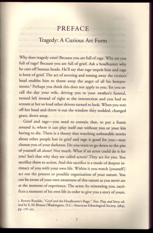 Preface page from Anne Carson's Grief Lessons — 'Tragedy: A Curious Art Form' — beginning 'Why does tragedy exist? Because you are full of rage. Why are you full of rage? Because you are full of grief.'