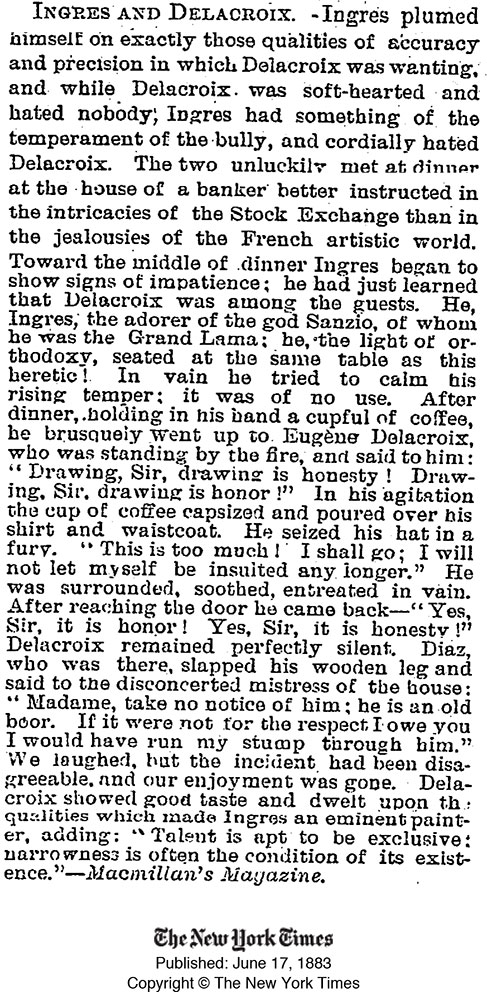 New York Times clipping from 1883 recounting Ingres confronting Delacroix at dinner — 'Drawing, Sir, drawing is honesty! Drawing, Sir, drawing is honor!' — spilling his coffee in his fury