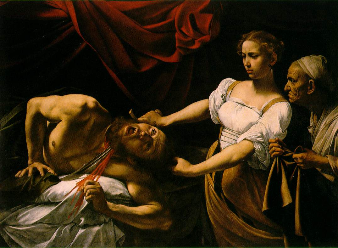 Caravaggio's Judith Beheading Holofernes: Judith in white drives the sword through the roaring general's neck, blood jetting, an old maidservant waiting with the sack Caravaggio's Judith Beheading Holofernes: Judith in white drives the sword through the roaring general's neck, blood jetting, an old maidservant waiting with the sack