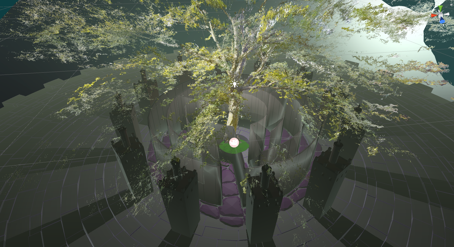 Unity editor view of MinoRinth: the scanned point-cloud tree spreading over circular maze walls, brick towers, and purple stones around a green center Unity editor view of MinoRinth: the scanned point-cloud tree spreading over circular maze walls, brick towers, and purple stones around a green center