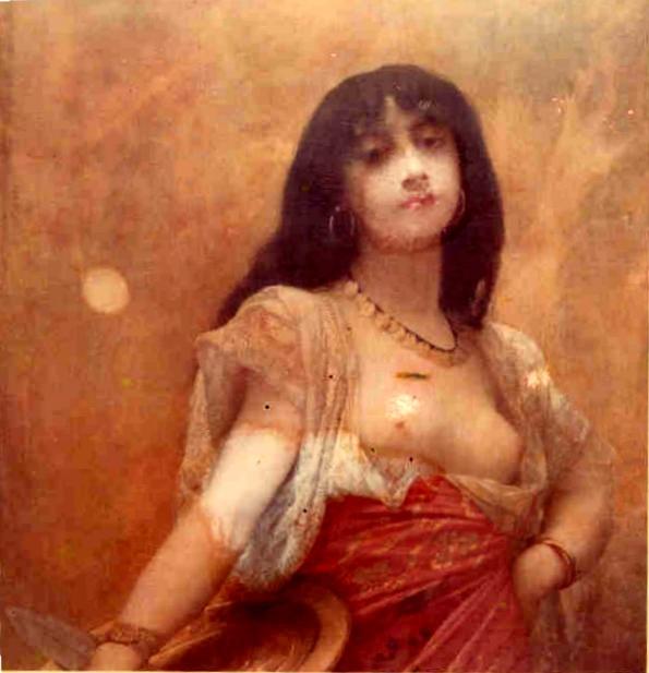 Orientalist painting of Salome: a dark-haired woman with hoop earrings and bared breast in a red sash skirt, gripping a brass platter and blade