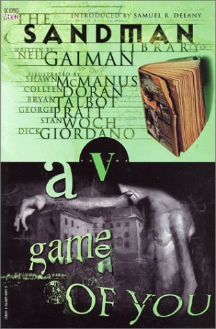 Cover of The Sandman: A Game of You by Neil Gaiman: a pale arm stretched over a green-tinted castle, a weathered book pinned to a black disc above