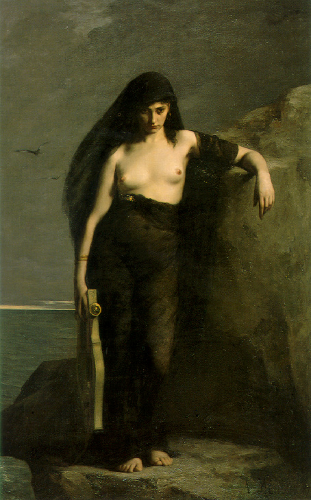 Charles-Auguste Mengin's Sappho: the poet in black veils bare-chested on a sea cliff at dusk, lyre at her hip, eyes downcast