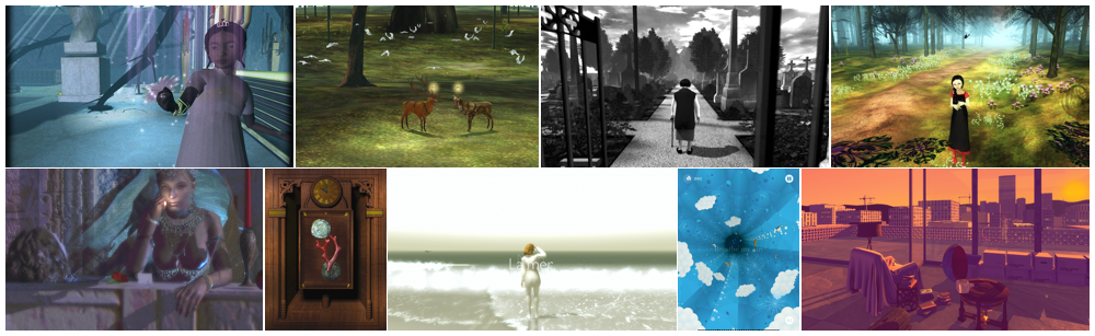 Grid of nine Tale of Tales game stills: The Path, The Endless Forest, The Graveyard, Fatale, Vanitas, Bientôt l'été, Luxuria Superbia, and Sunset Grid of nine Tale of Tales game stills: The Path, The Endless Forest, The Graveyard, Fatale, Vanitas, Bientôt l'été, Luxuria Superbia, and Sunset