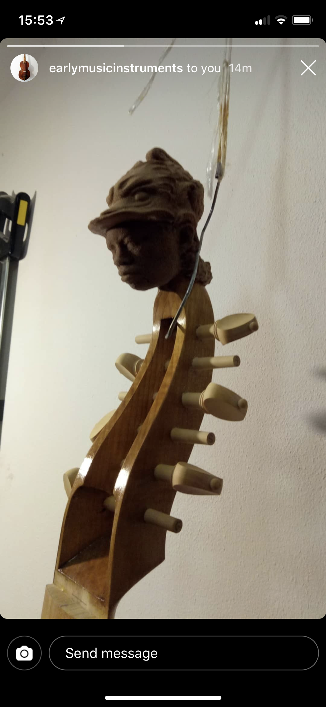 Instagram story from earlymusicinstruments: the pegbox of a viola da gamba in progress, its scroll crowned by a small sculpted head in a cap Instagram story from earlymusicinstruments: the pegbox of a viola da gamba in progress, its scroll crowned by a small sculpted head in a cap