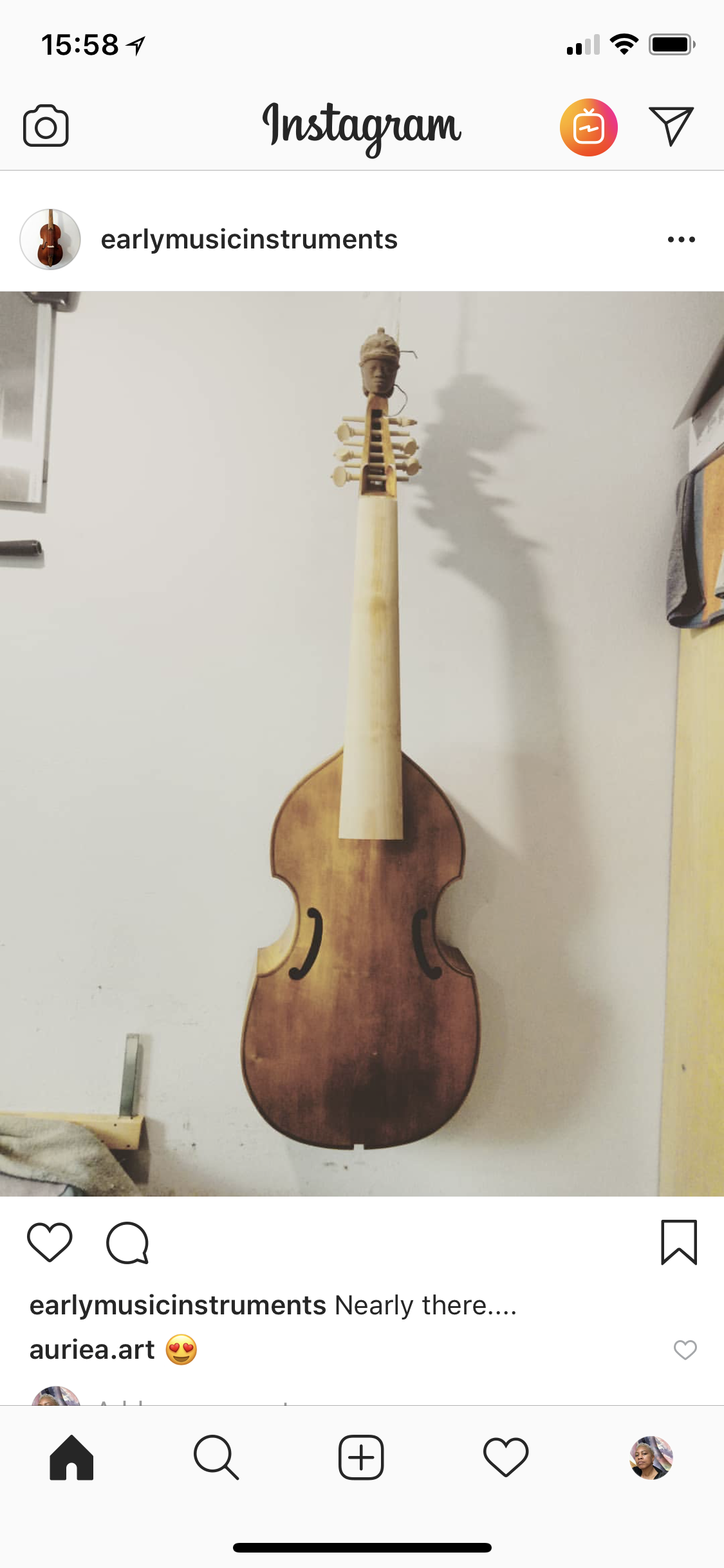 Instagram post by earlymusicinstruments captioned Nearly there, tagging auriea.art: a viola da gamba on the workshop wall, dark body, pale unvarnished neck, carved head atop the pegbox Instagram post by earlymusicinstruments captioned Nearly there, tagging auriea.art: a viola da gamba on the workshop wall, dark body, pale unvarnished neck, carved head atop the pegbox