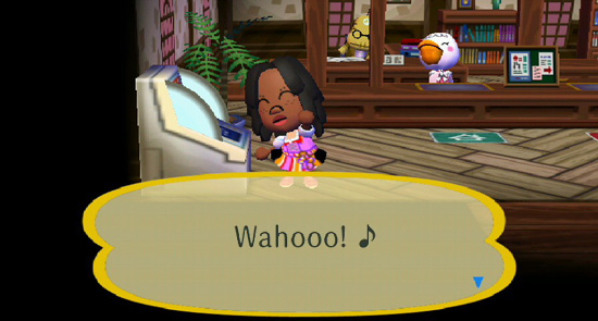 Animal Crossing screenshot: the player, eyes closed mid-song, exclaims Wahooo! in a wood-panelled interior with a pelican looking on Animal Crossing screenshot: the player, eyes closed mid-song, exclaims Wahooo! in a wood-panelled interior with a pelican looking on
