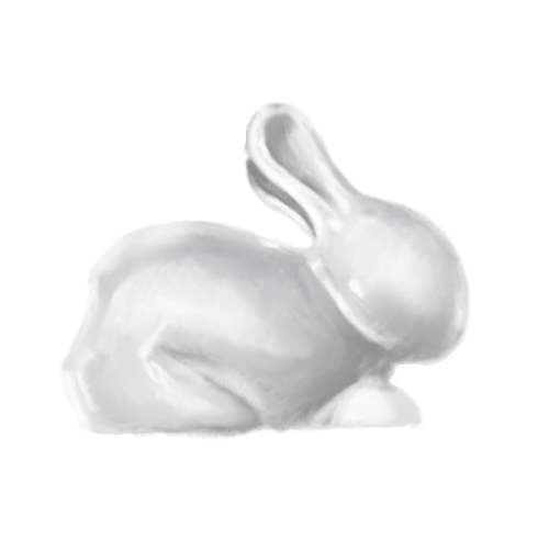 Soft grayscale painting of a white rabbit at rest with ears raised, glazed like porcelain against a white ground